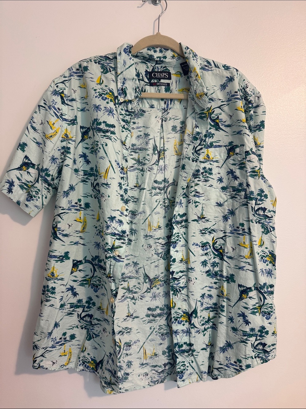 Chaps Light Blue Tropical Print Short-Sleeve Button-Down Shirt